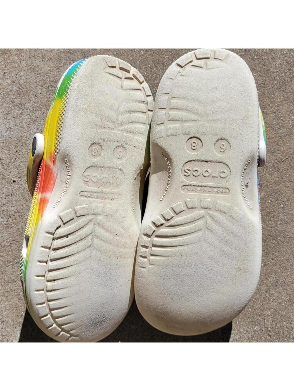 6 Youth,  8 Women's Rainbow crocs with clog charms. pre-owned, worn - Picture 7 of 7